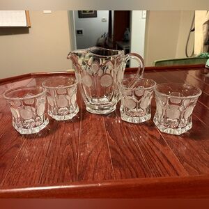 Vintage Fostoria Coin Glass Pitcher 32 oz and Glasses (4)